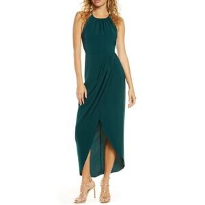Shona Joy Draped Halter Tulip Gown Size 4 NWT Rusched Green Formal Holiday